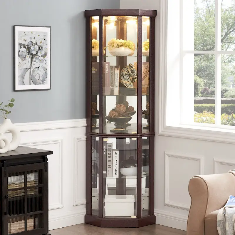 Cherry / Oak / White Lighted Corner Curio Cabinet with Glass Doors & Adjustable Shelves - Single Use