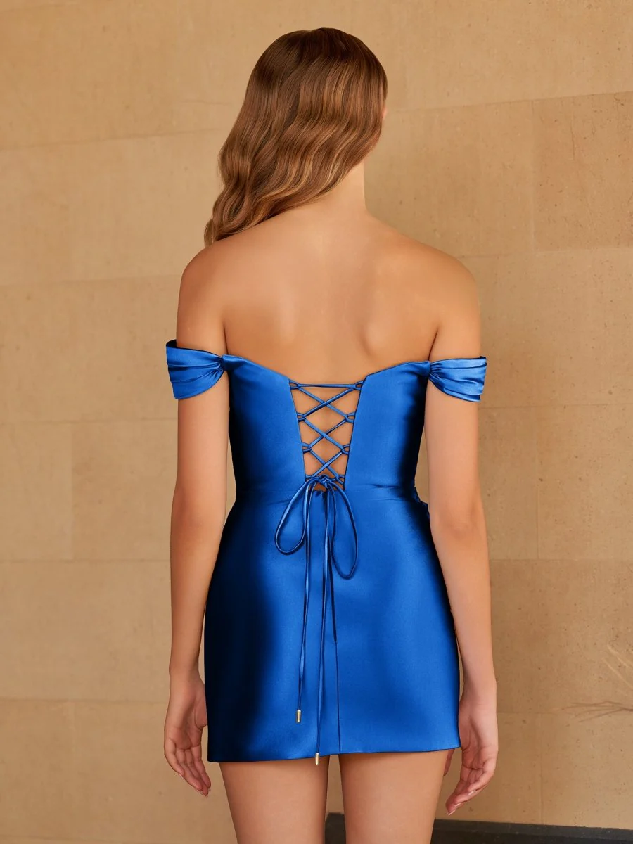 Royal Blue - Bodycon Satin Off the Shoulder Homecoming Dresses with Beads