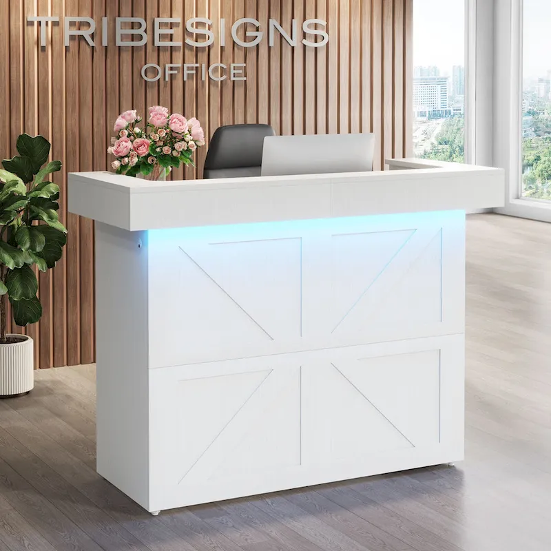 Reception Desk with Light, Modern Front Desk with 2 Grommets