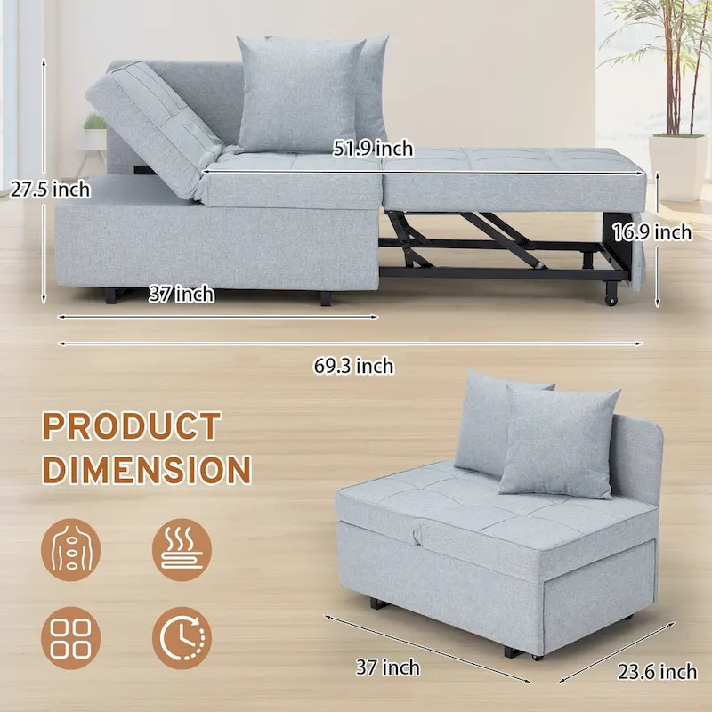 EROMMY Sleeper Sofa Chair Bed , Adjustable Backrest Pull Out Sofa Bed with Faux Linen Sofa Fabric