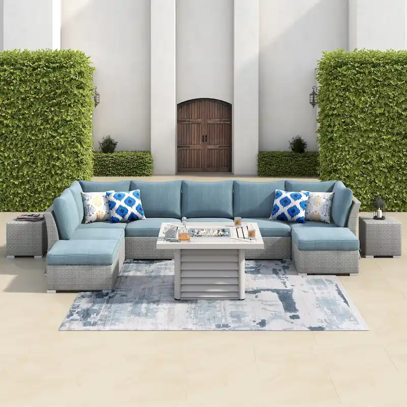 Corvus 11-pc. Grey Wicker Sectional Sofa Fire Pit Set w/ Blue Cushions