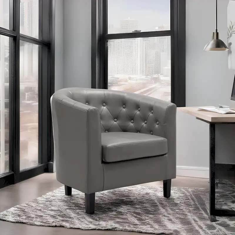 Accent Chair, Button Tufted Faux Leather Barrel Chair, Midcentury Modern Accent Chair, Comfy Armchair, Tub Barrel Chairs