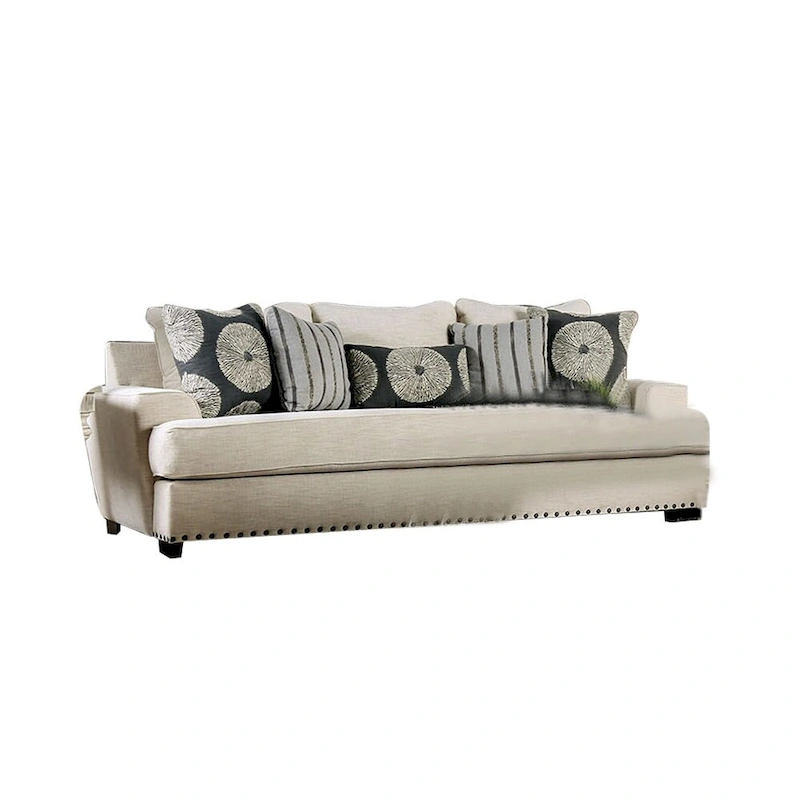Chenille And Wooden Sofa with Track Arms Design in Ivory