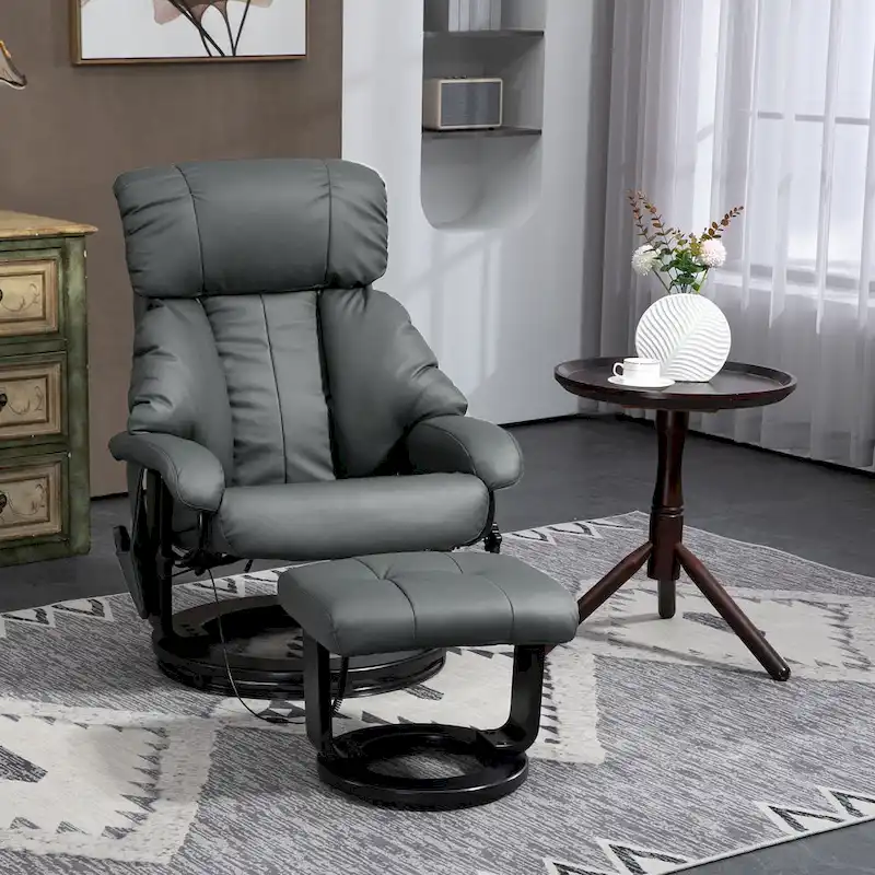 Gray Massage Recliner Chair with Footstool, 360° Swivel, Single Seat