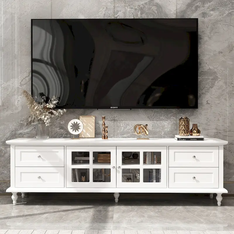 Modern White TV Stand w/Glass Doors and Drawers Entertainment Console