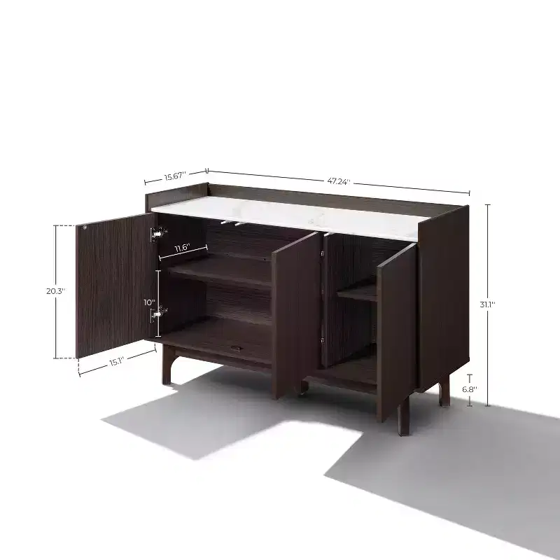 LuxenHome Modi Wenge Sideboard Cabinet with 3 Doors, Raised Sides, Faux Marble Top, Manufactured Wood