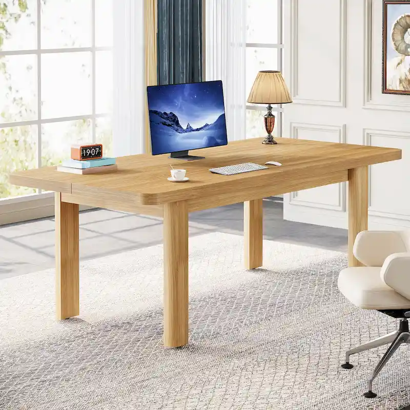 63 Large Office Computer Desk, Executive Desk with Solid Wood Legs