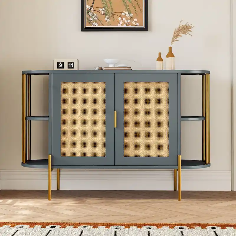 White / Dark Gray / Black / Natural Curved Sideboard with Rattan Doors & Gold Legs, 1-Person Assembly