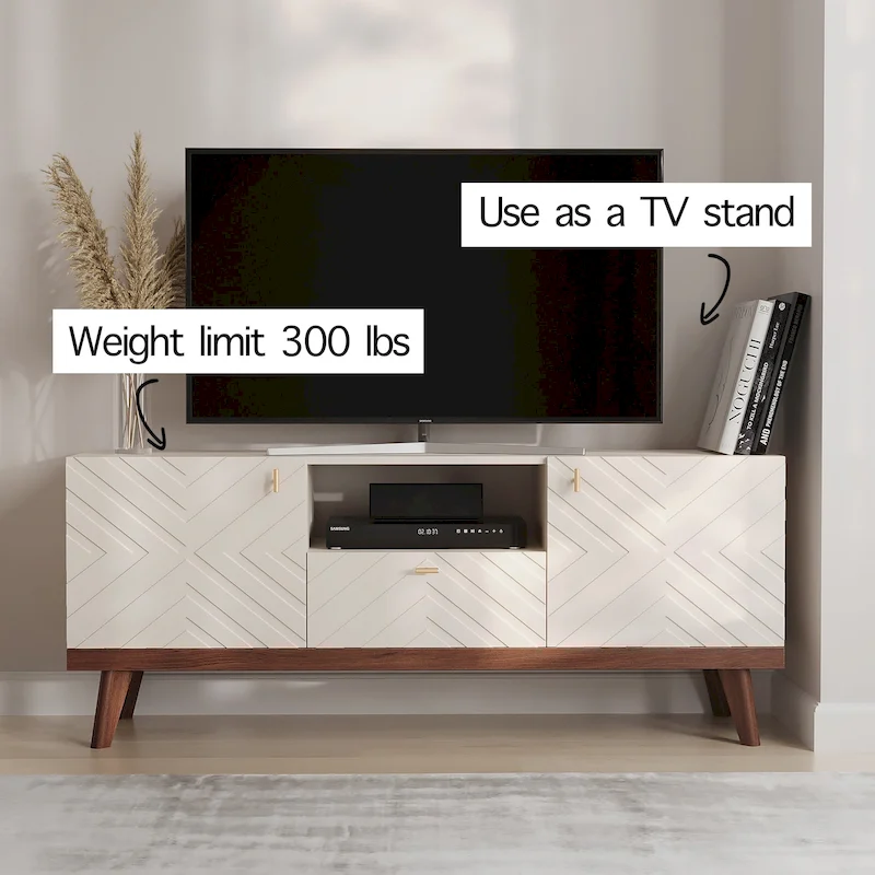 Living Skog Alba Beige TV Stand Console with Drawer Fits TV's up to 65 in. with Wood Legs Mid Century Modern Design