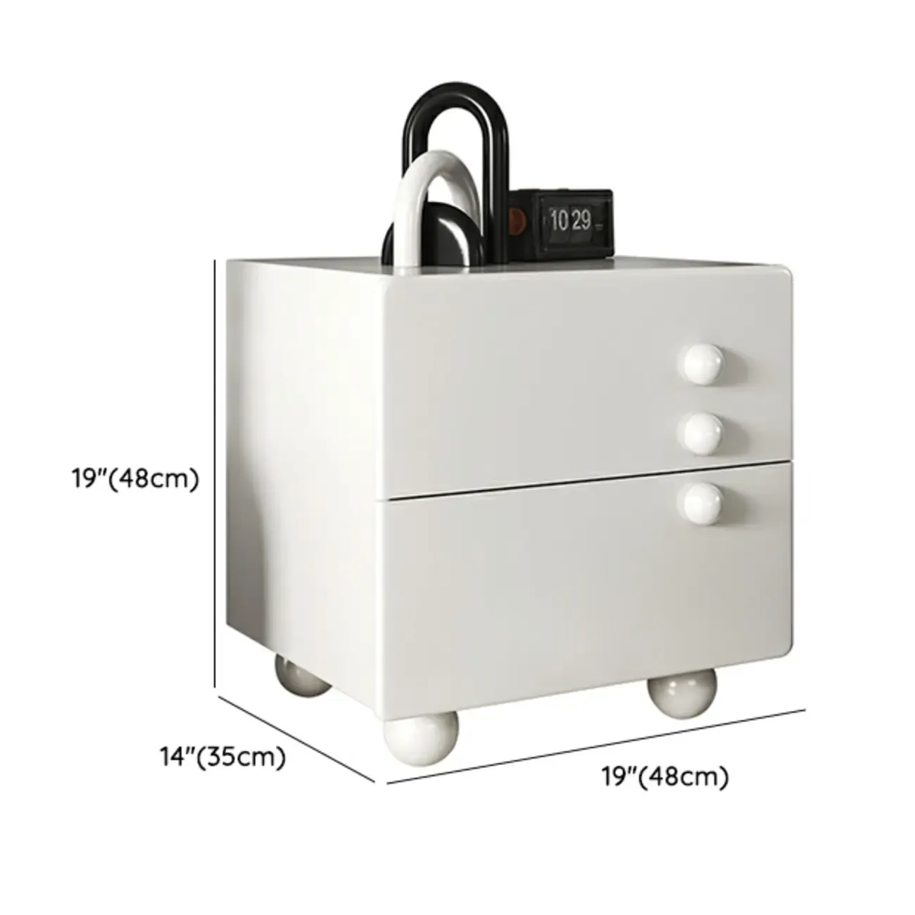 White Wood High-Gloss 2-Drawer Nightstand with Sphere Legs