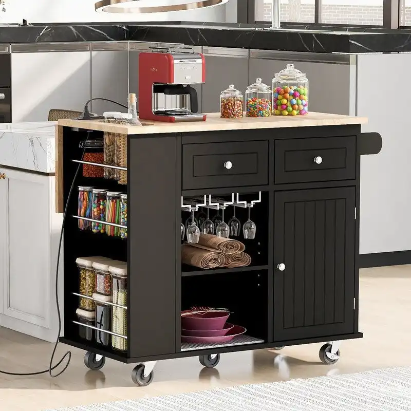 Drop Leaf Rubber Wood Kitchen Island with Power Outlet,Wine Rack