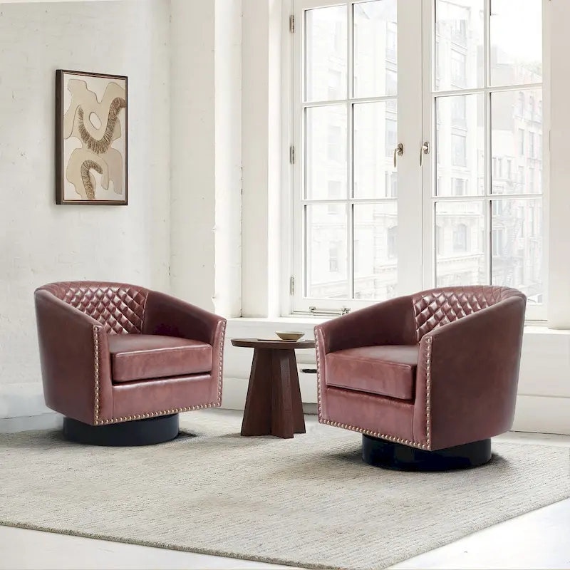 Faux Leather Nailheads Swivel Barrel Chair Set of 2