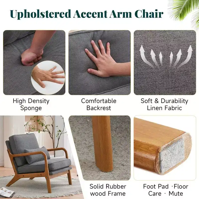 Karl Home 2Pcs Mid Century Solid Wood Accent Chair Upholstered Armchair with an Extra Pillow