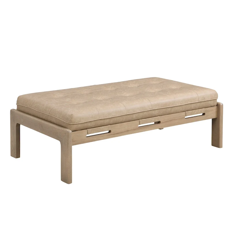 Christopher Knight Home - 48.4 Rectangle Tufted Upholstered Cocktail, Leather Ottoman Coffee Table with Rubber Wood Frame