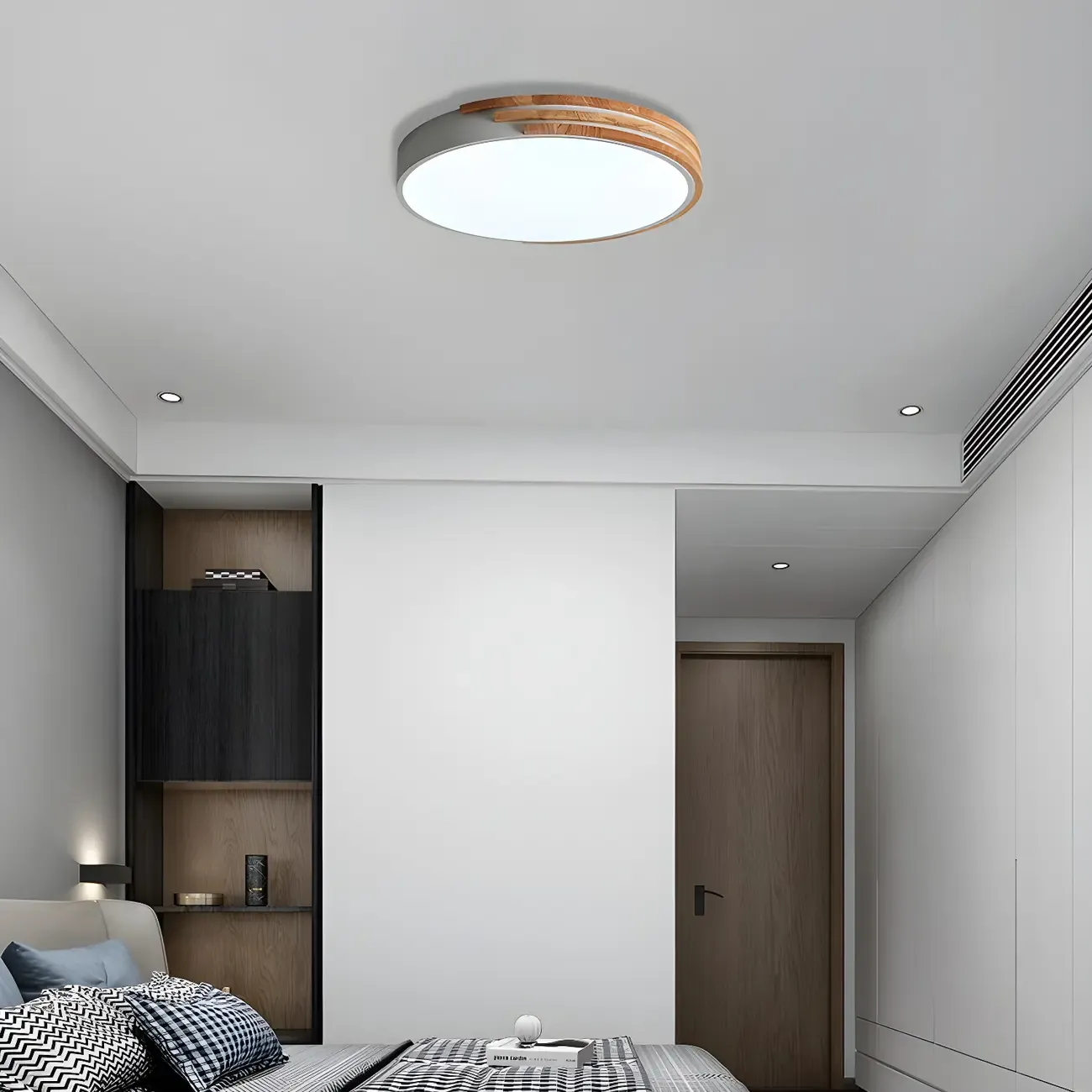 Modern Wood Round Flush Mount White LED Ceiling Light