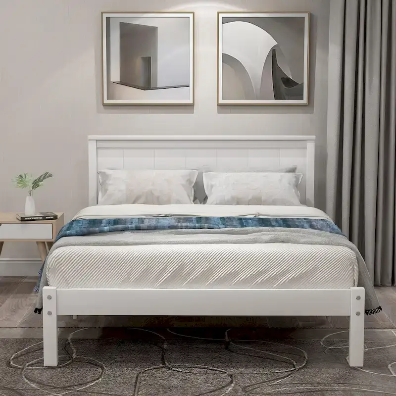 Twin Size Wood Platform Bed w/ Classic Headboard Upholstered Bed Frame for Bed Room No Box Spring Needed, Easy Assembly