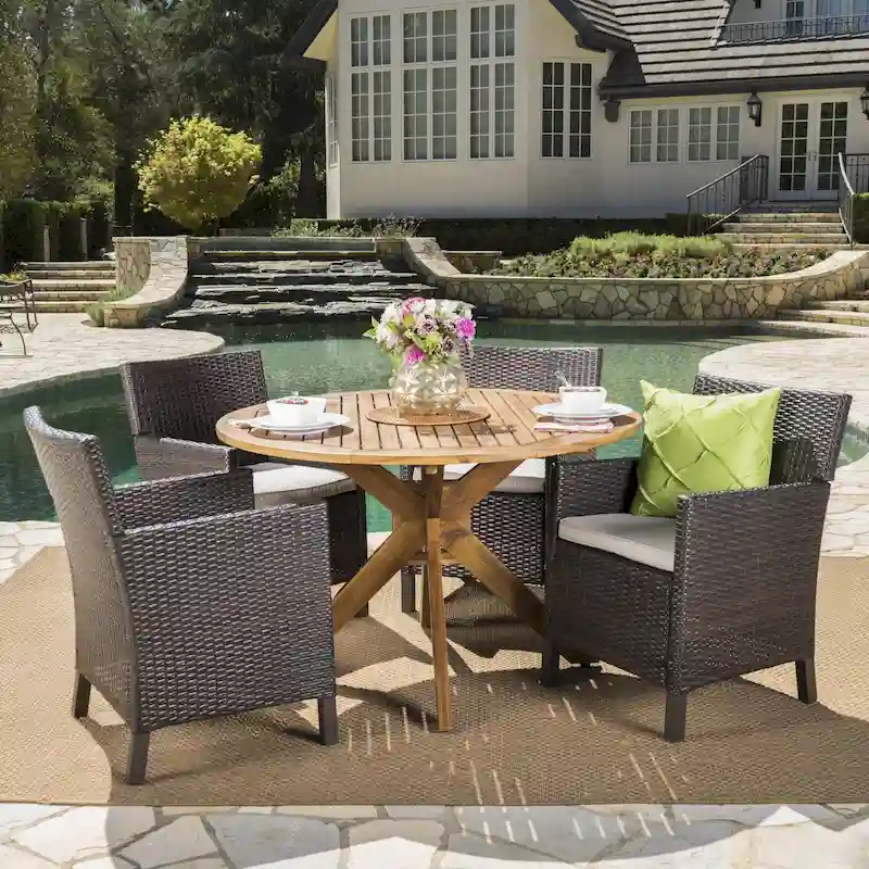 Wes Outdoor 5-piece Round Wicker Wood Dining Set with Cushions by Christopher Knight Home