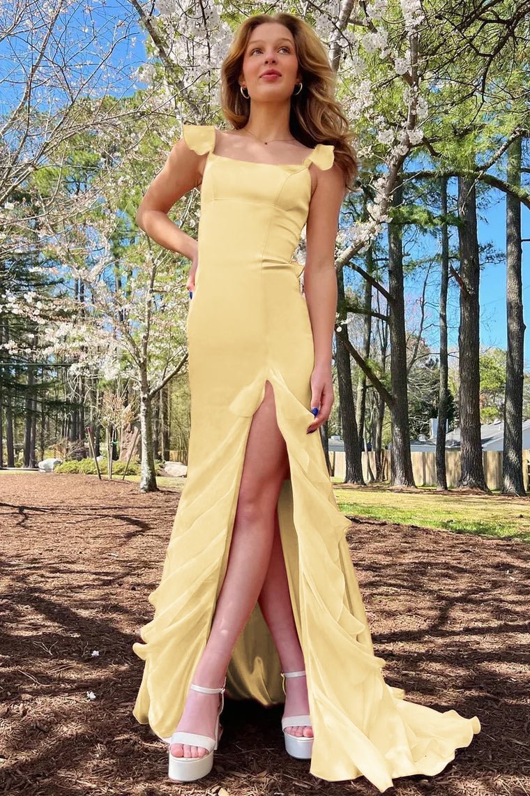 Emerald Green Square Neck Ruffle Slit Prom Dress