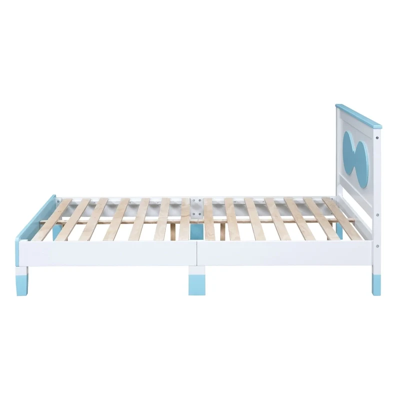 Kids Full Size Platform Bed, Bow-Shaped Headboard, Wood Frame, White & Blue, 1-Person Use