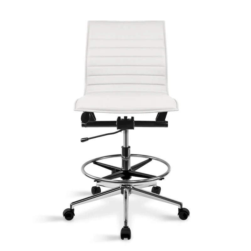 Modern Drafting Chair Upholstered PU Leather Ribbed Armless Mid Back with Tall Adjustable Base & Leg Rest