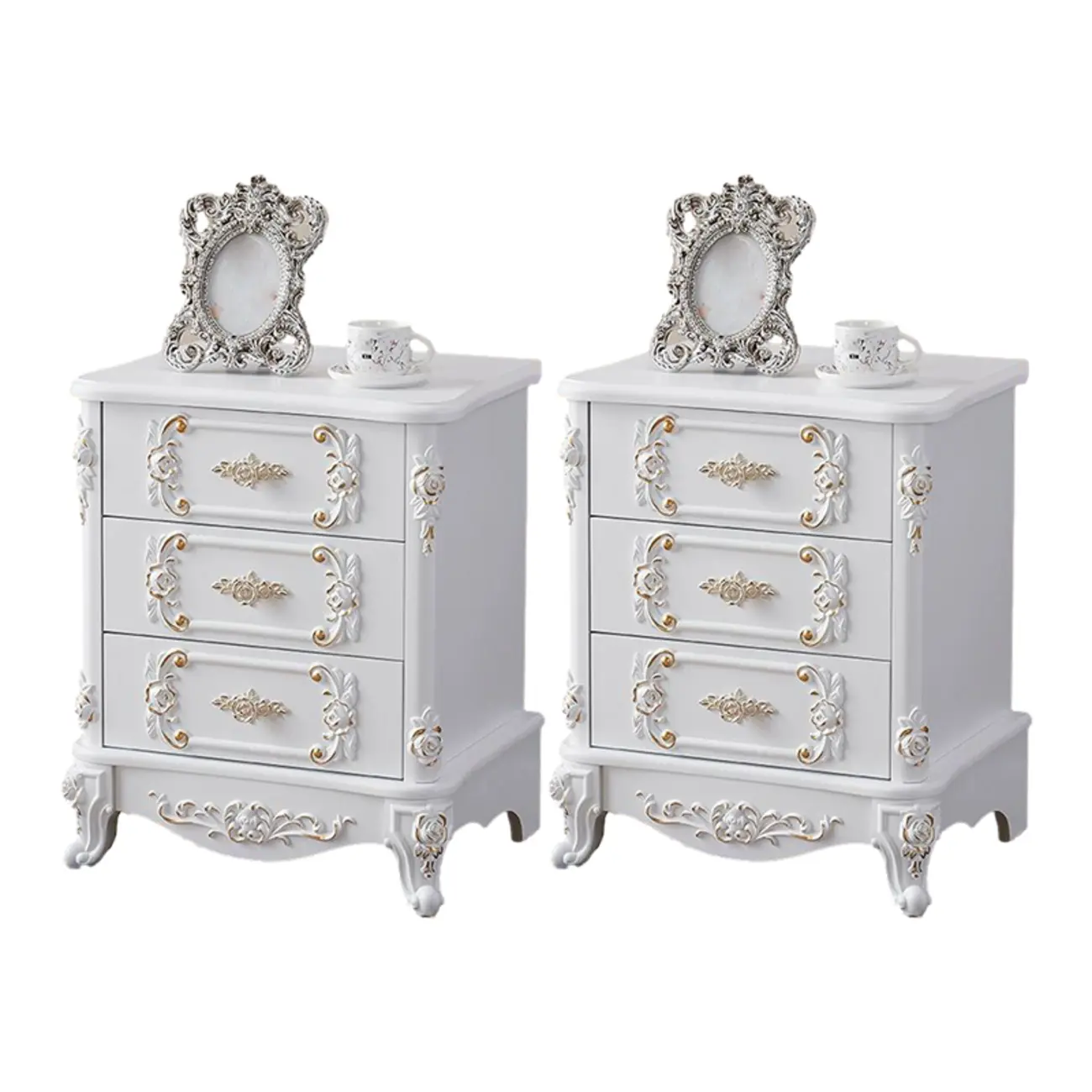 Traditional White Wood Carved 3-Drawer Nightstand