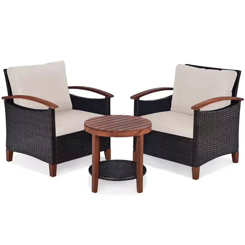 Costway 3PCS Patio Rattan Furniture Set Wooden Frame Cushion Table Shelf Red\Beige\Blue