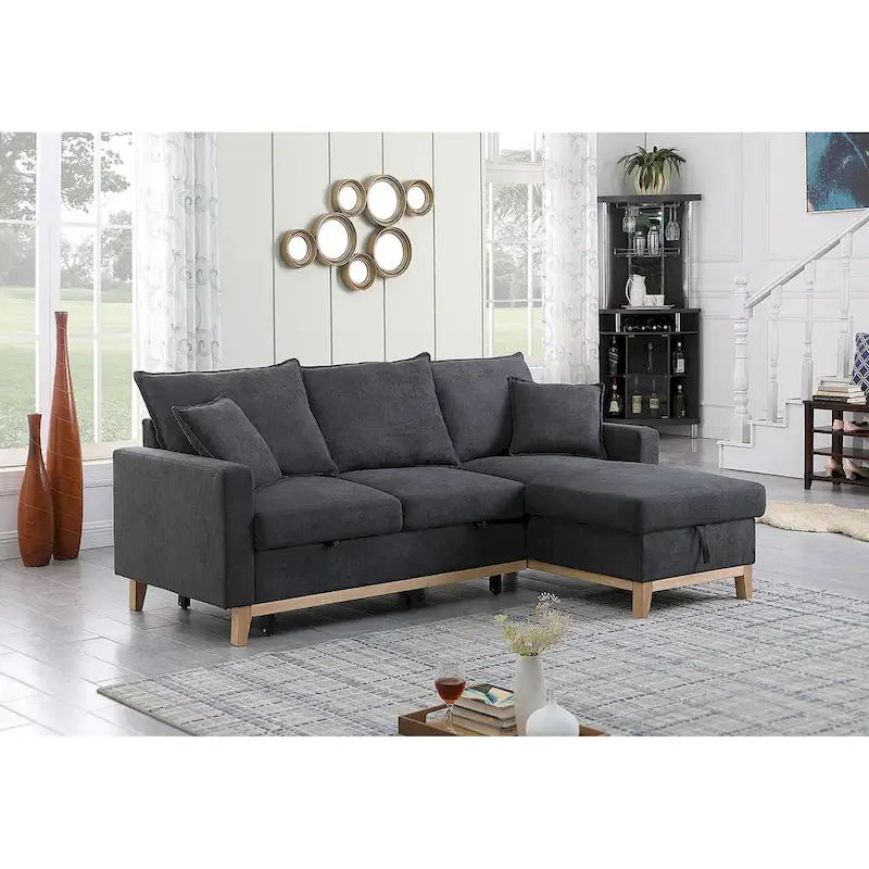 Dark Gray Woven Reversible Sleeper  Sofa with Storage Chaise