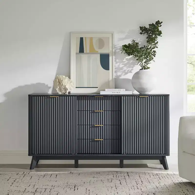 Fluted Dresser with 4 Drawers, 60 Modern Chest with Sliding Doors & Faux Marble Top, Wood Storage Organizer for Bedroom, Living Room