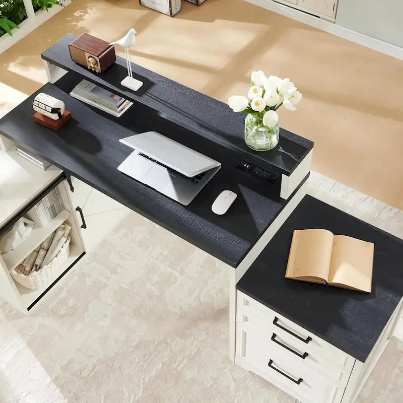 Modern Farmhouse Home Office Desk, Computer Desk with File Cabinet