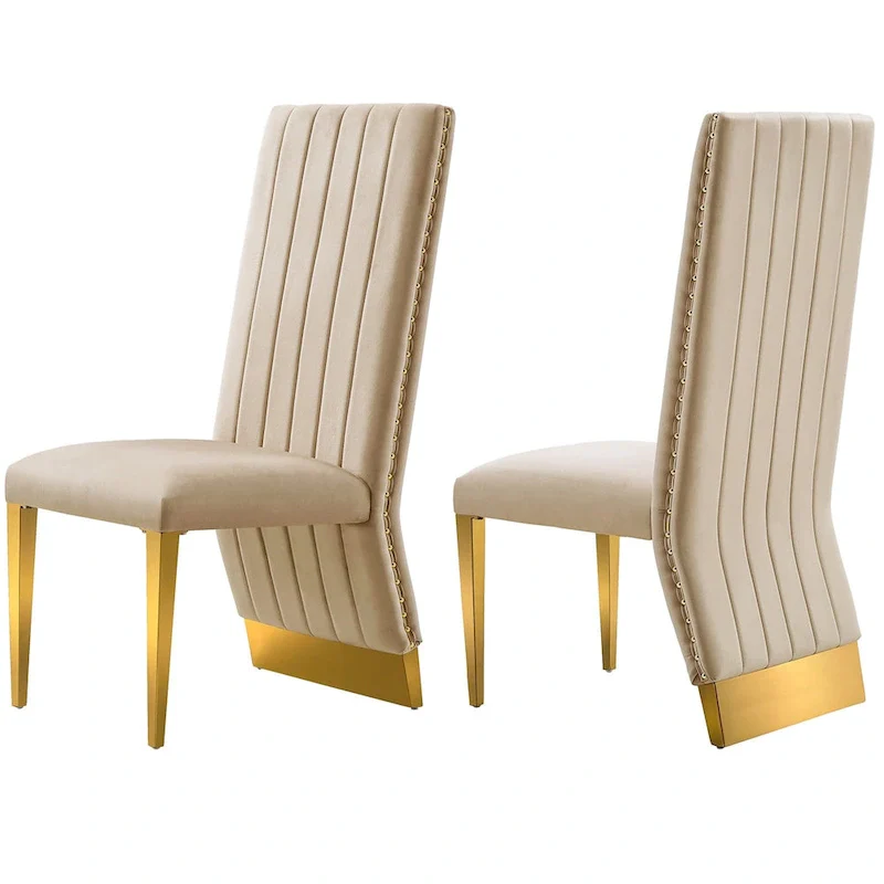 White/Gold High Back Tufted Dining Chair with Nailhead Trim, Metal Legs, Single Seat