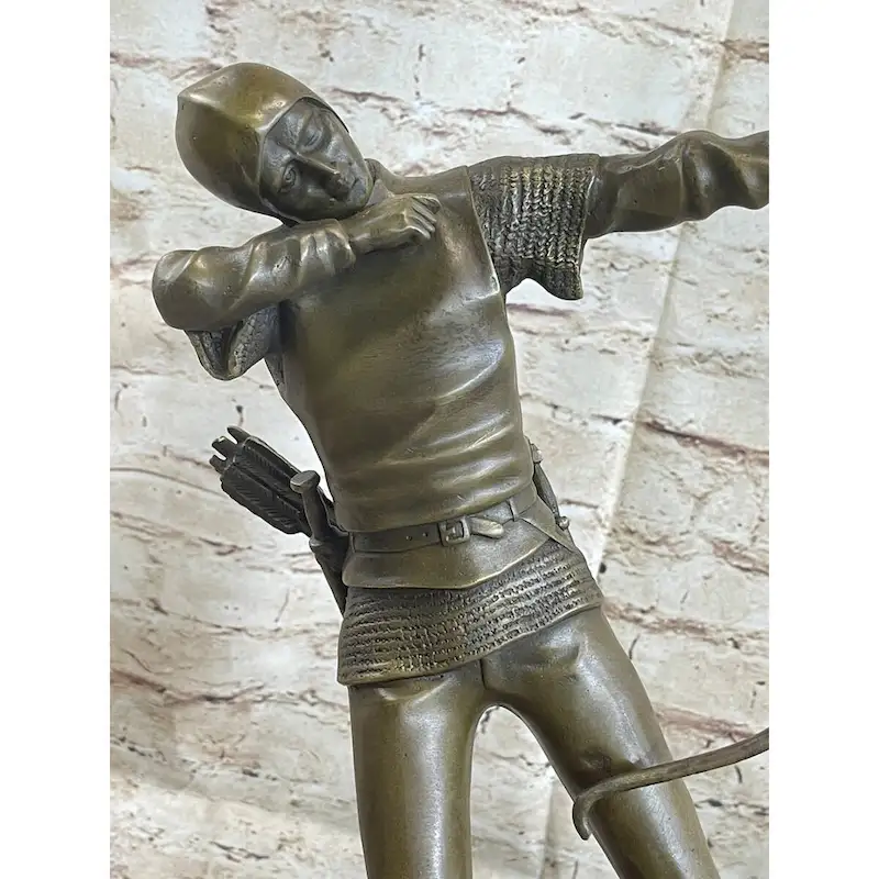 Medieval English British Longbow Bowman Archer Bow Arrow Bronze Statue Sculpture Marble Base