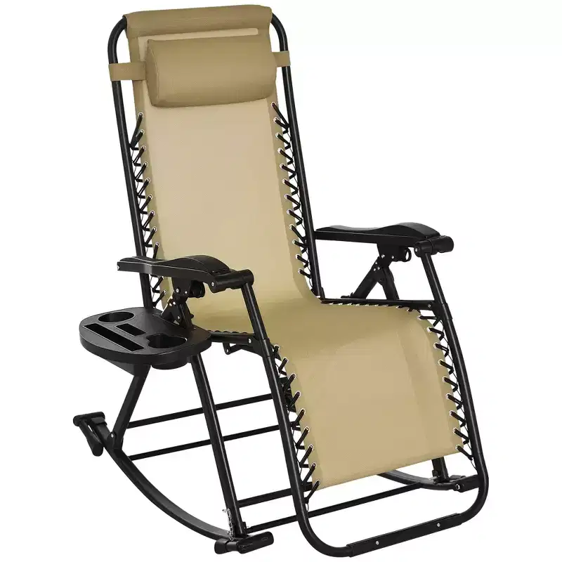 Outdoor Rocking Chairs, Foldable Reclining Zero Gravity Lounge Rocker with Pillow, Cup & Phone Holder, Combo Design with Folding Legs