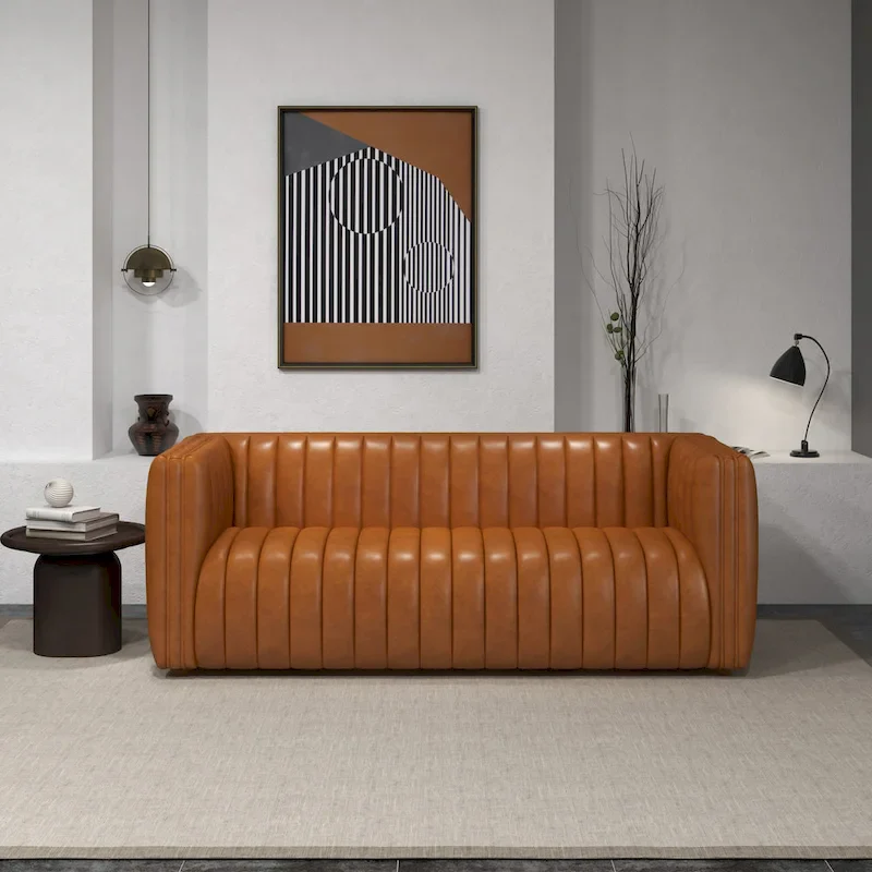 Rasam Mid Century Modern Luxury Tight Back Geniune Leather Couch in Cognac Tan