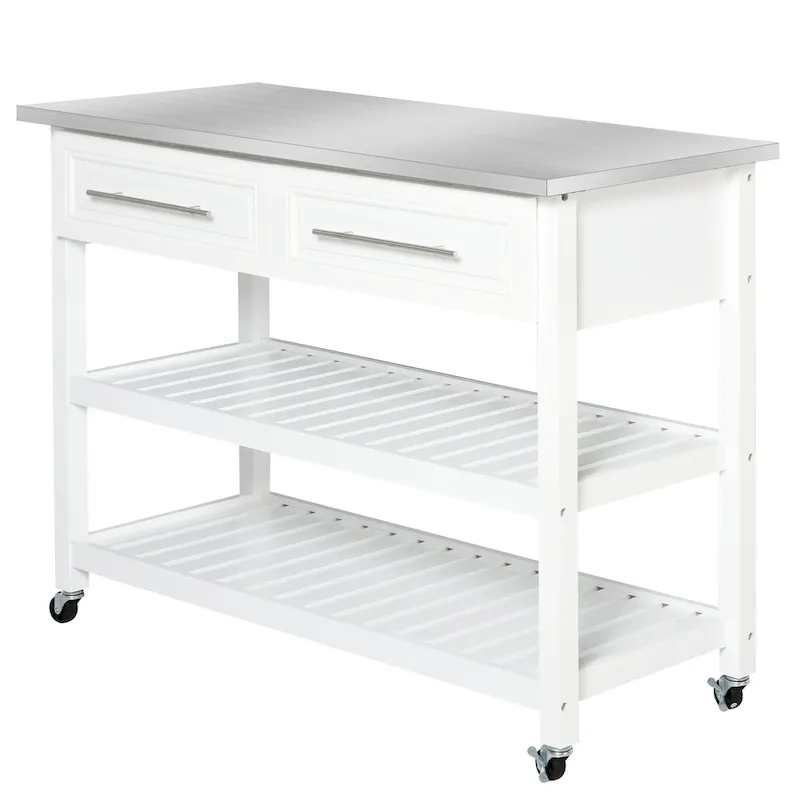 Stainless Steel Top Kitchen Island Rolling Utility Cart with Drawers & Shelves - White