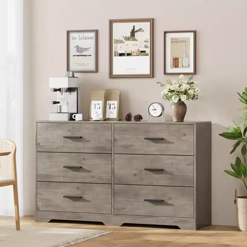 Dresser for Bedroom, Modern 6 Drawer Wide Wooden Chest of Drawers with Metal Handles, Storage Cabinet for Entryway, Hallway & Living Room