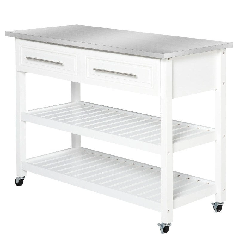 White Rolling Kitchen Island 2 Drawers Storage with Stainless Steel Top - 47.25L x 19.75W x 36 H