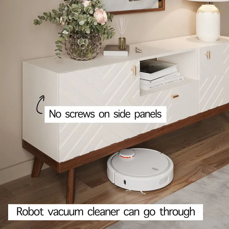 Living Skog Alba Beige TV Stand Console with Drawer Fits TV's up to 65 in. with Wood Legs Mid Century Modern Design