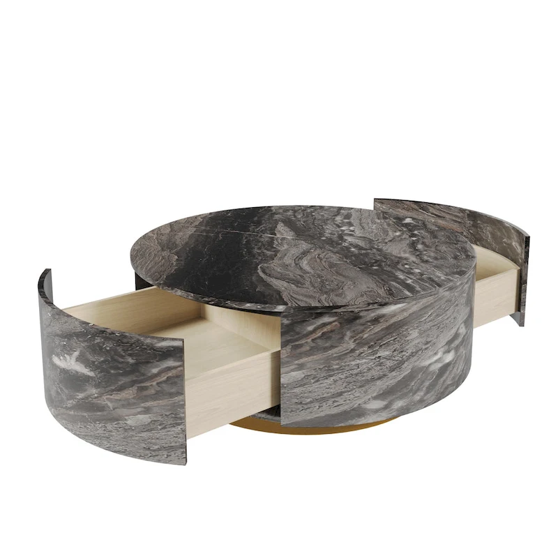 Modern Faux Marble Round Coffee Table Center Table with 2 Drawers, Fully Assembled