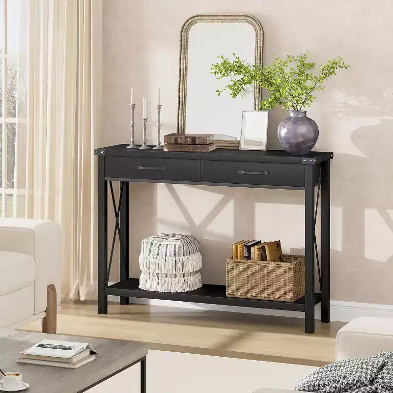 Farmhouse Console Table with 2 Drawers and Storage Shelf, Wood Sofa Table for Entryway, Living Room, Hallway, and Foyer
