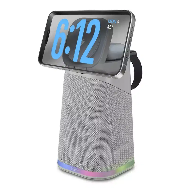 iHome Wireless Charger with Apple Watch Charger, AirPods Charger, and Bluetooth Speaker  Grey (iPBT70G)