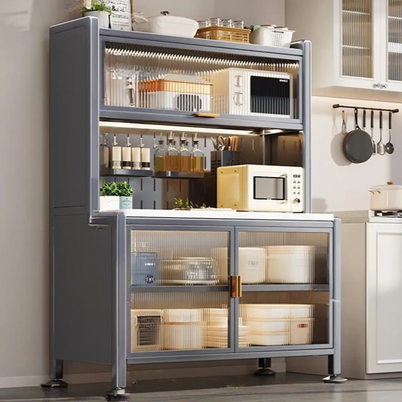 Modern Metal Buffet with Stone Countertop Narrow Design