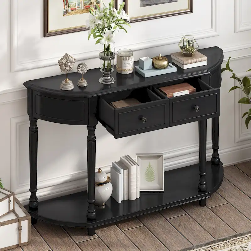 Nestfair Retro Wooden Console Table with Open Shelf Two Drawers