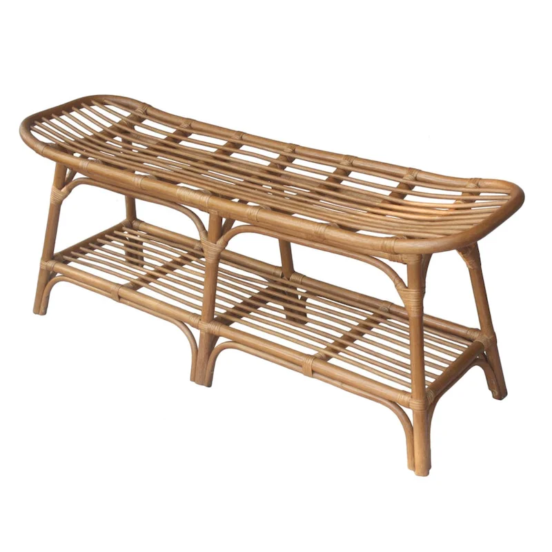 Black / Brown / White Rattan Bench with Open Shelf, 1-Seat