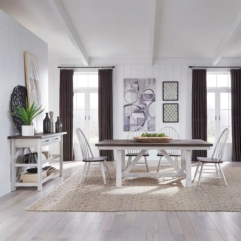 Farmhouse White and Wood Tone 5 Piece Trestle Table Set