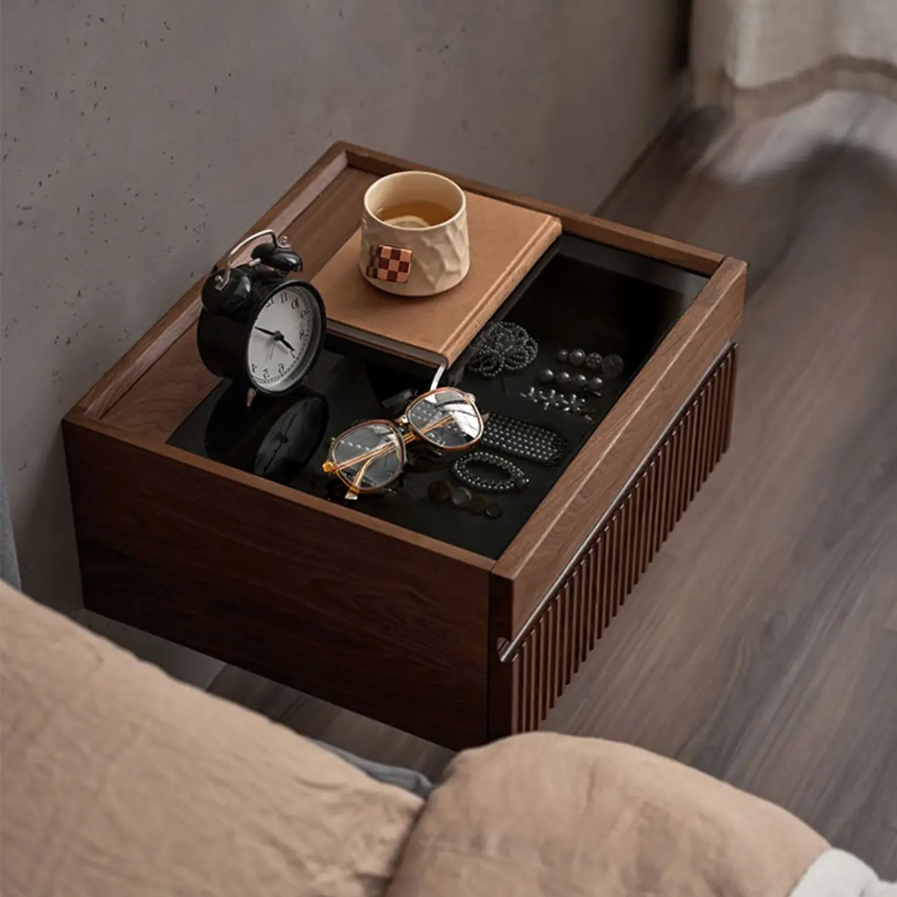 Modern Glass Top Walnut Floating Nightstand with Drawers