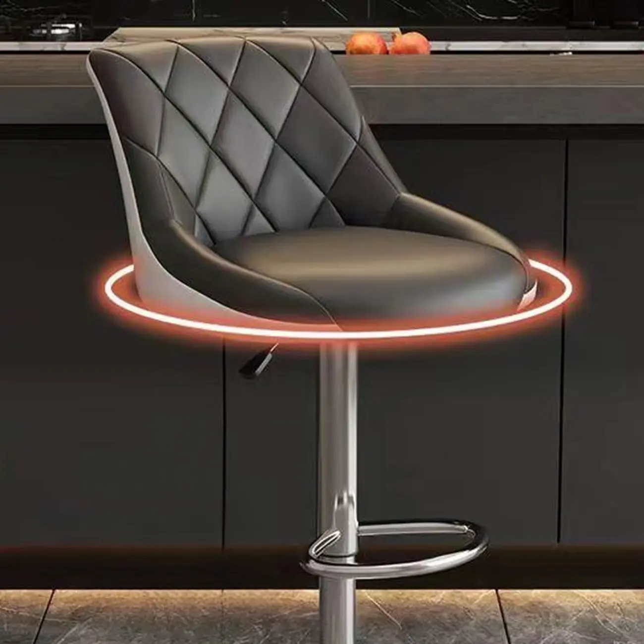 Diamond Tufted Swivel Bar Stool Adjustable Black Red PU Leather