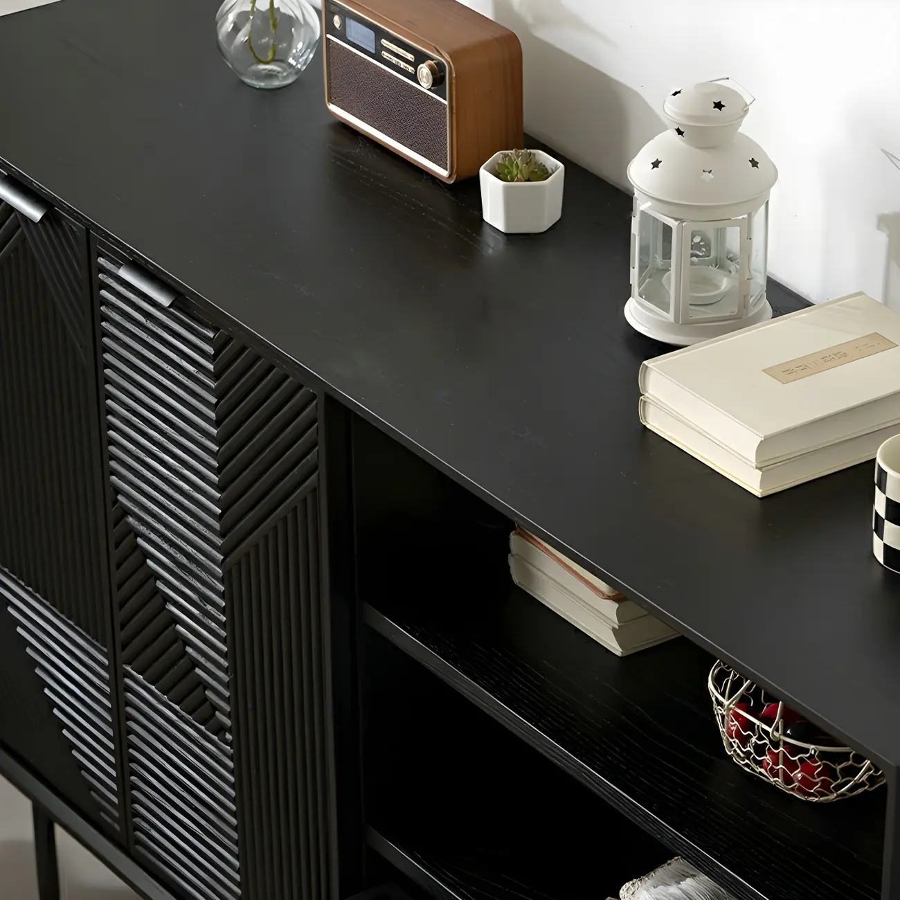 Geometric Black Wooden Sideboard with Drawer & Cabinet