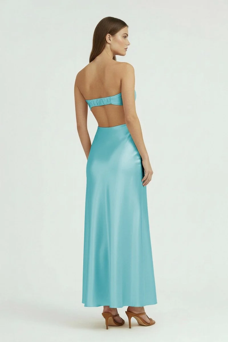 Aqua Strapless Sheath Satin Open Back Prom Dresses With Cutout