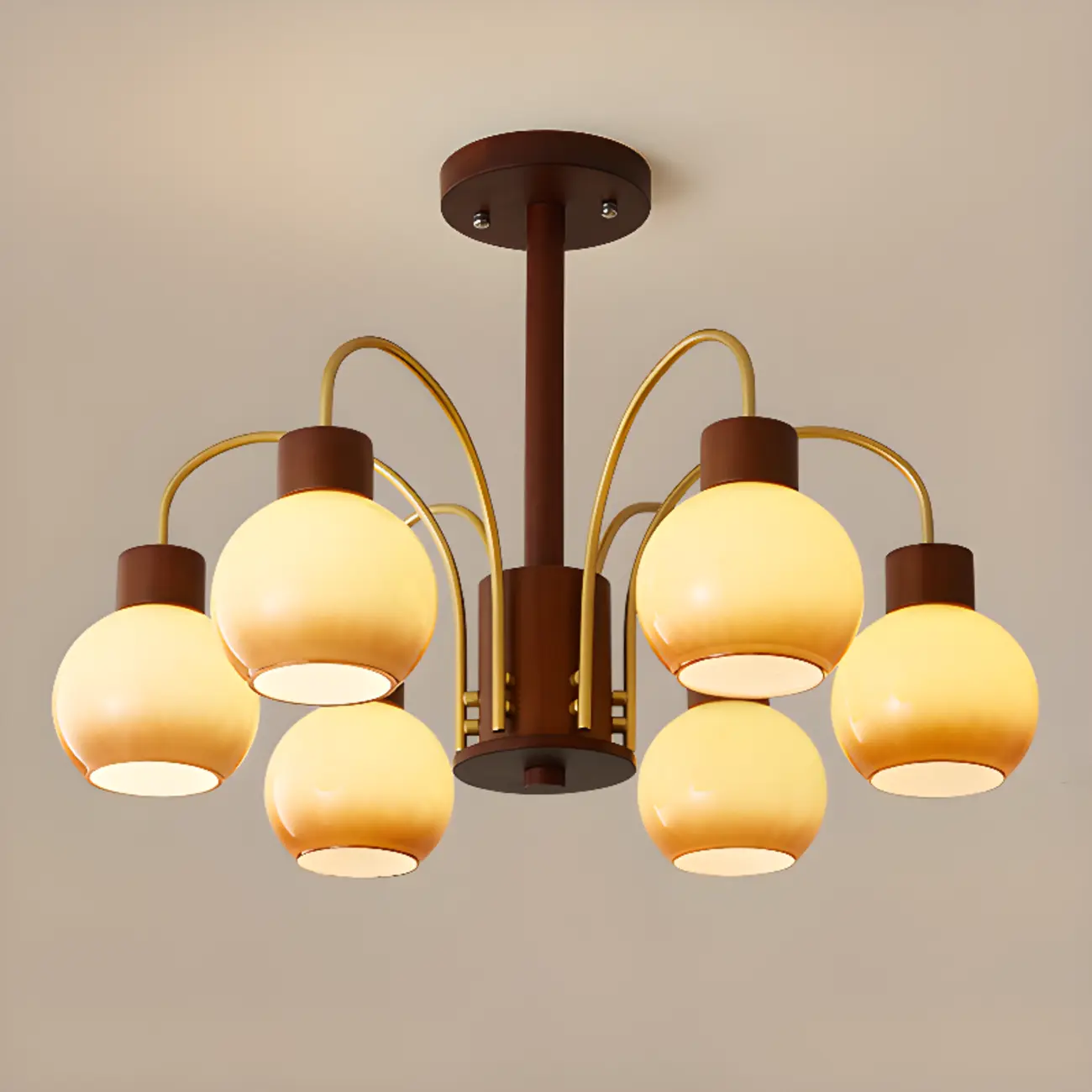 Classic Gold Metal Amber Glass Dome Chandelier