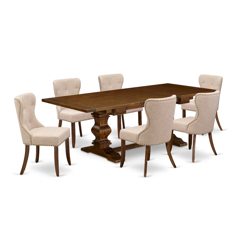 Dining Table - Rectangle Dinner Table and Light Tan Linen Fabric Chairs